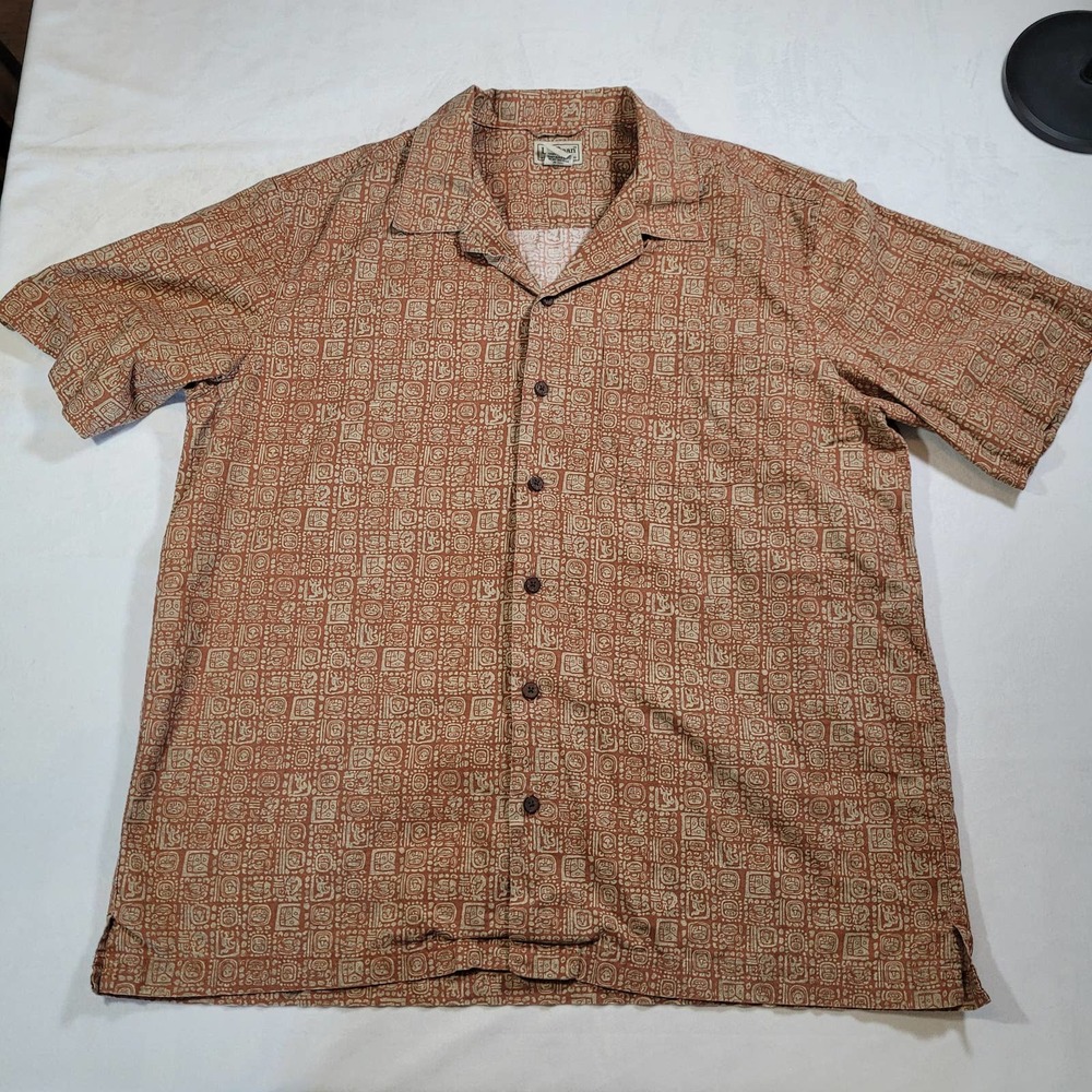 LL Bean Brown Hawaiian Shirt Large Tiki Polynesian
